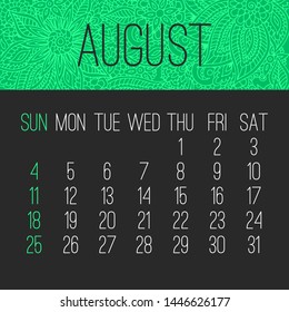 August year 2019 vector monthly calendar over doodle ornate hand drawn florals, week starting from Sunday. Bright green and black design.