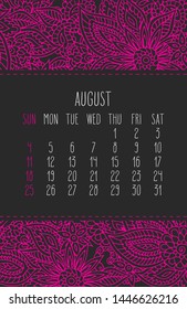 August year 2019 vector monthly calendar with lacy doodle ornate hand drawn florals, week starting from Sunday. Pink design over dark gray background.