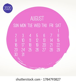 August year 2020 contemporary vector monthly calendar. Hand drawn pink brush stroke design over white background. Week starting from Sunday.