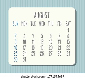 August Jahr 2020 Vektor monatlicher Lichtkalender. Weißer Rahmen auf pastellblauem, gestreiftem Hintergrund. Woche ab Sonntag.