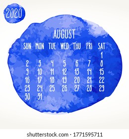 August year 2020 vector monthly artsy calendar. Hand drawn blue watercolor paint circles design over white background. Week starting from Sunday.