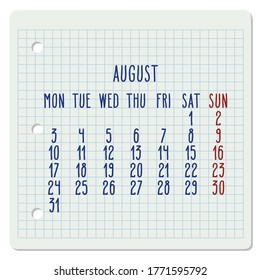 August year 2020 vector monthly calendar on a squared notebook page. Hand written chequered note pad sheet typography. Week starting from Monday.