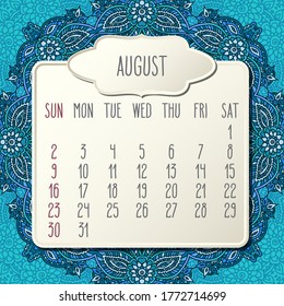 August year 2020 vector monthly calendar over doodle ornate hand drawn blue floral background, week starting from Sunday. Beige beveled frames design.
