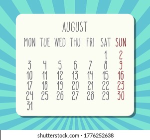 August year 2020 vector monthly calendar. Week starting from Monday. Bright blue bursting rays of light design.