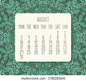 August year 2020 vector monthly calendar over lacy doodle ornate hand drawn green background. Week starting from Monday.