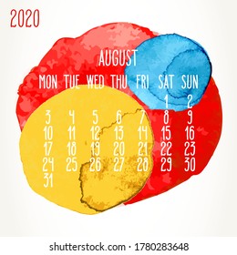 August year 2020 vector monthly artsy calendar. Hand drawn colorful watercolor paint circles design over white background. Week starting from Monday.