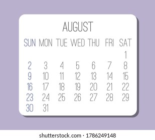 August year 2020 vector monthly plain minimalist light purple calendar. Week starting from Sunday.