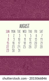 August year 2021 vector monthly calendar over pink lacy doodle ornate hand drawn floral background. Week starting from Sunday