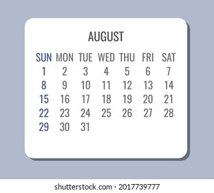 August year 2021 vector monthly plain minimalist simple light gray and white calendar. Week starting from Sunday.