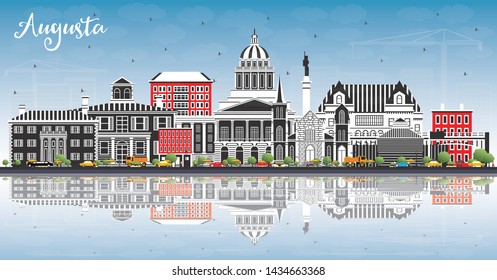 Augusta Maine City Skyline with Color Buildings, Blue Sky and Reflections. Vector Illustration. Business Travel and Tourism Concept with Historic Architecture. Augusta USA Cityscape with Landmarks.