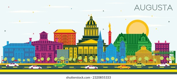 Augusta Maine City Skyline with Color Buildings and Blue Sky. Vector Illustration. Business Travel and Tourism Concept with Historic Architecture. Augusta USA Cityscape with Landmarks.