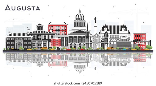 Augusta Maine City Skyline with Color Buildings and reflections Isolated on White. Vector Illustration. Business and Tourism Concept with Historic Architecture. Augusta USA Cityscape with Landmarks.