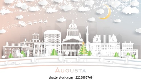 Augusta Maine City Skyline in Paper Cut Style with Snowflakes, Moon and Neon Garland. Vector Illustration. Christmas and New Year Concept. Santa Claus on Sleigh. Augusta Cityscape with Landmarks.
