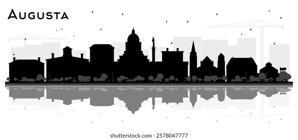 Augusta Maine City Skyline Silhouette with Black Buildings and reflections Isolated on White. Vector Illustration. Tourism Concept with Historic Architecture. Augusta USA Cityscape with Landmarks.