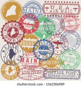 Augusta Maine Set of Stamps. Travel Stamp. Made In Product. Design Seals Old Style Insignia.