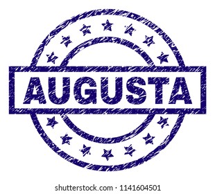 AUGUSTA seal stamp with grunge texture. Designed with rectangle, circles and stars. Blue vector rubber print of AUGUSTA caption with grunge texture.