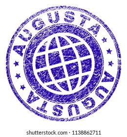 AUGUSTA stamp imprint with grunge texture. Blue vector rubber seal imprint of AUGUSTA tag with grunge texture. Seal has words placed by circle and planet symbol.