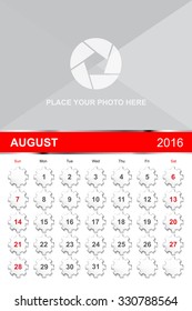 August.Calendar for 2016 Year. Vector Gears Design Print Template