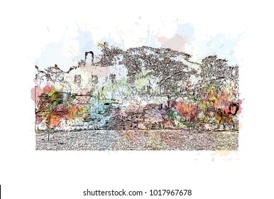 Augustine ruins in Old Goa, Goa state, India. Watercolor splash with hand drawn sketch illustration in vector.