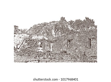 Augustine ruins in Old Goa, Goa state, India. Hand drawn sketch illustration in vector.