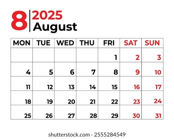 Augustr 2025 Monthly Calendar design with clean look and week starts from sunday