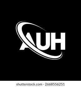 Logotipo AUH. Design do logotipo da letra AUH. Logotipo inicial AUH ligado ao círculo e ao monograma em maiúsculas. Tipografia AUH para tecnologia, negócios e marca imobiliária.