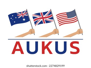 Banner de AUKUS con iconos de la bandera de EE.UU., Reino Unido, Australia. Diseño del pacto de la alianza de seguridad norteamericana, británica, australiana con las manos ondeando banderas. Ilustración vectorial.