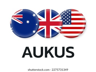 AUKUS-Banner mit Flaggensymbole in den USA, Großbritannien, Australien. amerikanisches, britisches, australisches Sicherheitsbündniskonzept. Vektorgrafik.