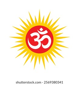 Aum hindu religion sign in red circle glowing on white background