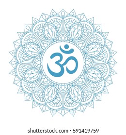 Aum Om Ohm symbol in decorative round mandala ornament.