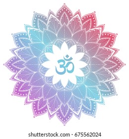 Aum Om Ohm symbol in decorative round mandala ornament.