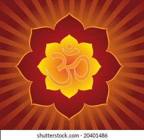 Aum (om) symbol in lotus mandala. Vector.