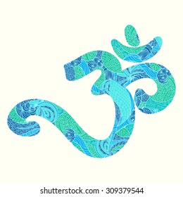 aum sign, beautiful ornate colorful isolated design object in cold colors