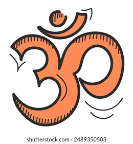 Aum sign in doodle style. Vector isolated icon. Concept of buddhism, meditation and harmony. Hand-drawn religious symbol.