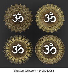 Aum Symbol Of Hindu Deity God Shiva Set Vector. Collection Of Aum Ohm Emblem On Different Lace Ornate Golden Circle On Background. Design Hinduism Religion Sign Flat Cartoon Illustration