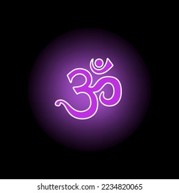 Aum symbol on black background with purple gradient shining halo. Colors of space and seventh Sahasrara chakra. Ancient emblem and mantra, initial divine sound of world essence