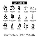 Aum,Om letter writes in different scripts and languages brahmi script family, talisman, spell, charm ink, black and white isolated on white background	

