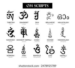 Aum,Om letter writes in different scripts and languages brahmi script family, talisman, spell, charm ink, black and white isolated on white background	
