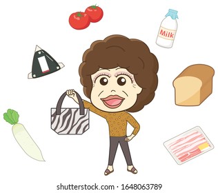 Aunt and food ingredients holding a tote bag