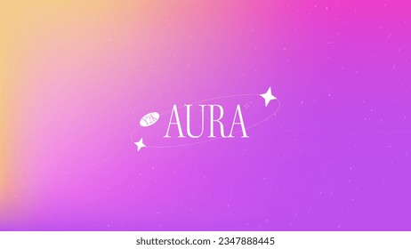 Aura background with a warmth effect. Noisy overlay texture with dots and scratches. Trendy bright vector background. Purple and yellow and pink color. 