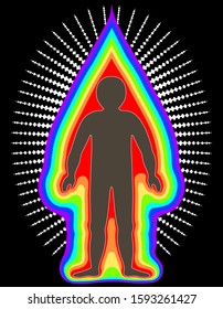 The aura of the body. Rainbow color marked layers of the male body. Etheric, emotional, metallic, astral, celestial and causal layer. Isolated vector on white background