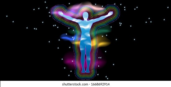The aura of the body. Rainbow color marked layers of the body. Etheric, emotional, metallic, astral, celestial and causal layer. Yoga and meditation. Space.