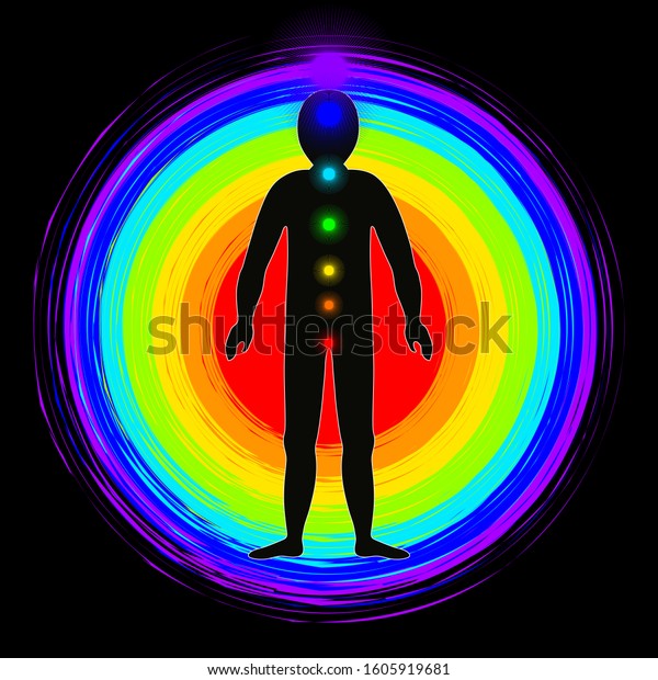 The aura of the body. Rainbow color marked layers of the male body