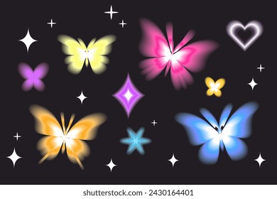 Aura butterfly y2k futuristic aesthetic figure collection, neon abstract blurry shapes isolated on dark background.