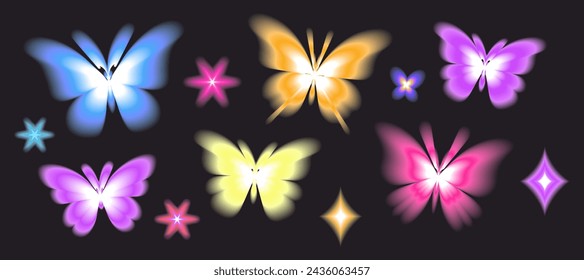 Aura butterfly y2k futuristic aesthetic figure collection, neon abstract blurry shapes isolated on dark background.