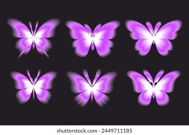 Aura butterfly y2k futuristic aesthetic figure collection, neon abstract blurry shapes isolated on dark background.