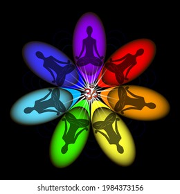 Aura, the chakra system. Spiritual growth of a person. The silhouette of a person. Vector