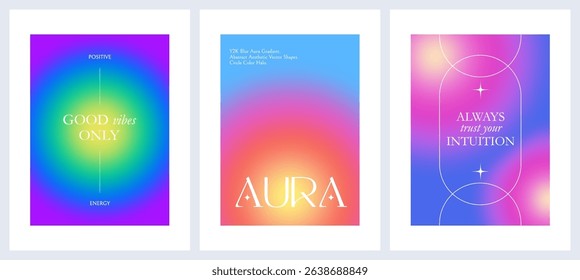 Aura Color Gradient Background. Abstract Y2K Aesthetic Posters. Vector Blur Circle Gradients. Trendy Modern Aura Graphics in Pastel Colors