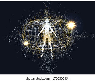 aura energy, meditation, power of thought, space, isoteric, magic, background, pattern, medicine, human structure, vector illustration of a biofield, 3d rendering
