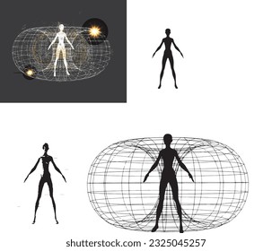 energía aura, meditación, poder del pensamiento, espacio, isotópico, magia, fondo, patrón, medicina, estructura humana, ilustración vectorial de un biocampo, representación 3d